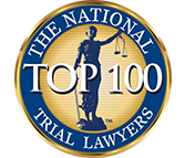 The National Trial Lawyers Top 10 award badge, featuring Lady Justice holding scale in the center